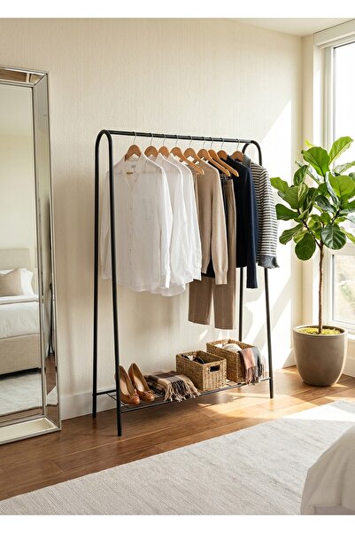 Uyan Ev Ürünleri UYAN EV ÜRÜNLERİ Elit 1 Siyah Metal Raflı Elbise Askısı Ayak...