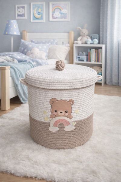 Secem Boutique Ayıcık oyuncak sepeti, jüt kapaklı sepet, 30x30