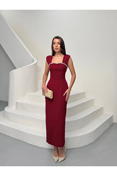 MODA DURAĞI inci detaylı midi abiye mezuniyet elbisesi