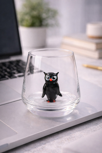 Crystal passion Handmade Glass Cup with Owl Figure Decorative Glass Cup