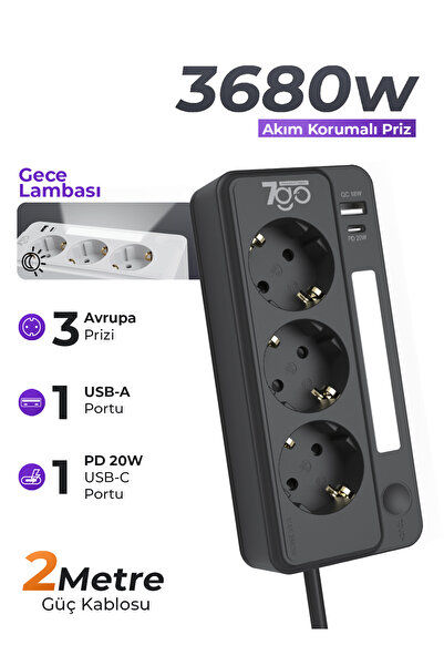 7GO 7GSP1 3680W 3'lü Priz Siyah | Akım Korumalı | 20W PD Hızlı Şarj USB | 1.9...