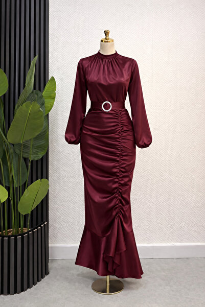 modasusev Gathered Satin Hijab Evening Dress