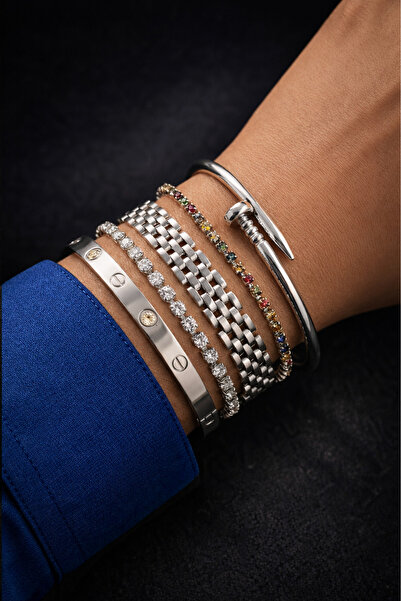 Crc Bijuteri سوار نسائي فضي اللون مكون من 5 قطع