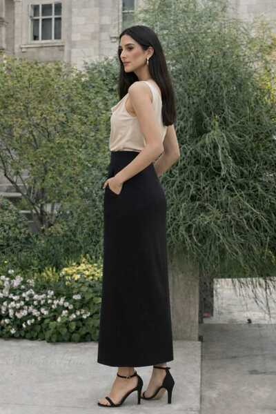 Cherry Lane Black Pocketed Long Interlock Skirt |   High Waist, Flexible Comfort