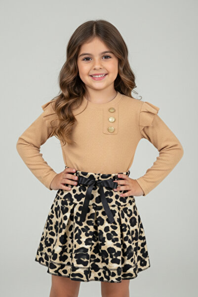 Z B Bebe Leopard Print Skirt Suit with Ruffled Shoulder (3-7 Years)
