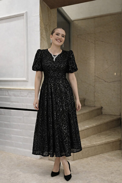 QETEENN Büyük Beden Siyah Payetli Balon Kol Yırtmaçsız Astarlı Şık Abiye Elbise