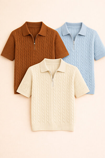 pepule Ανδρικό πλεκτό μπλουζάκι 3 τεμαχίων με λαιμόκοψη πόλο, από βαμβάκι με ...