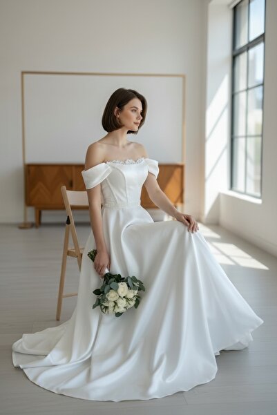 bride in love Dantel detay yırtmaçlı ışık saten gelinlik,nikah elbisesi