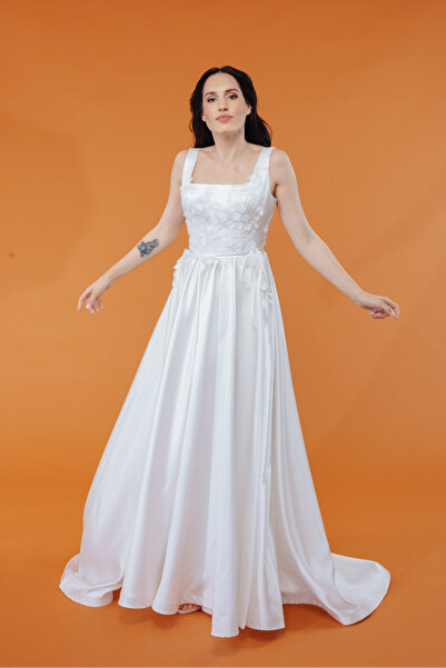 bride in love Kare yaka Yırtmaçlı saten gelinlik,nikah elbisesi