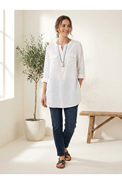 Pntekstil Beyaz %100 Pamuklu Müslin Kumaş Cepli Salaş Gömlek Tunik