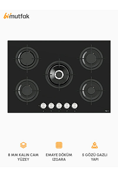 GL GENERAL Bask 75cm Emaye Izgaralı 5 Gözlü Cam Ocak