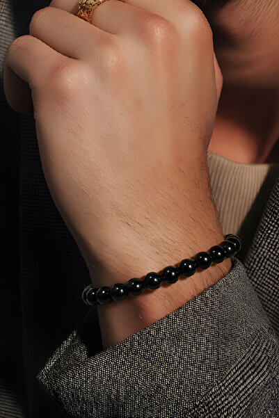 NBS Beautiful Naturel Stones Men's Black Bracelet 8 mm (Size Can Be Selected)