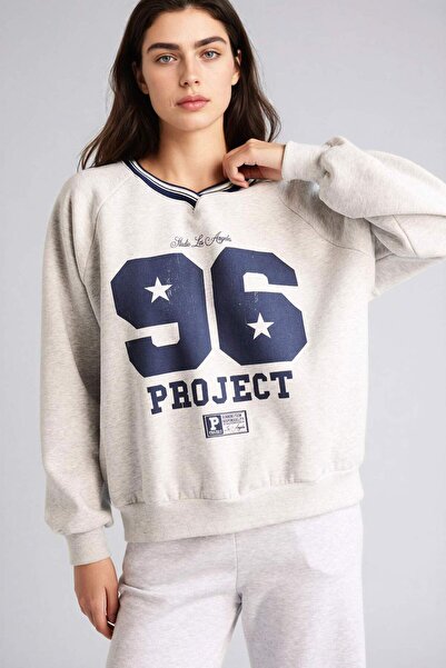 DeFacto Oversized V-Neck Printed Thick Fabric Sweatshirt G9597Ax26Sp