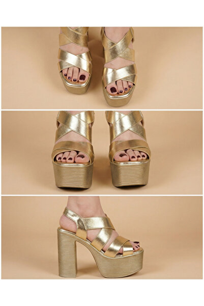 NO BRAND Women's metallic gold platform high heel shoes - wide evening sandals