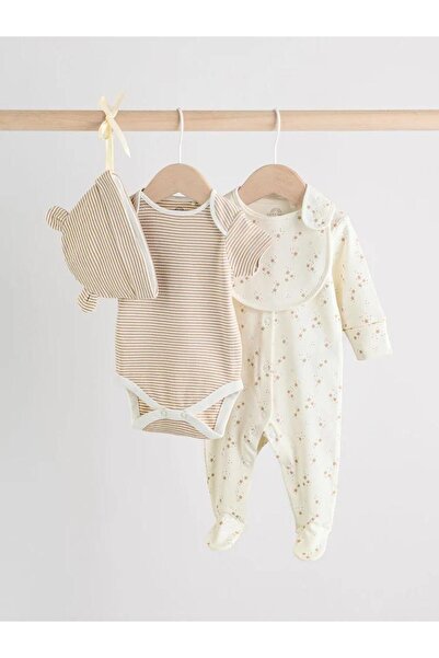 Next Baby Nötr Renk Bebek Uyku Tulumu, Body, Bere ve Önlük Seti 4 Parça