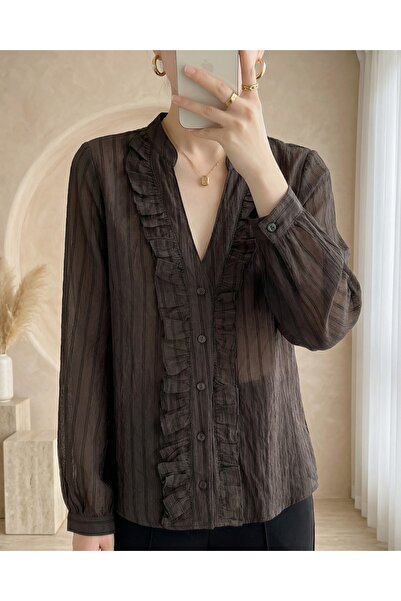 MissRunin V Yaka Önü Fırfırlı Tensel Yari Transparan Buket Gömlek
