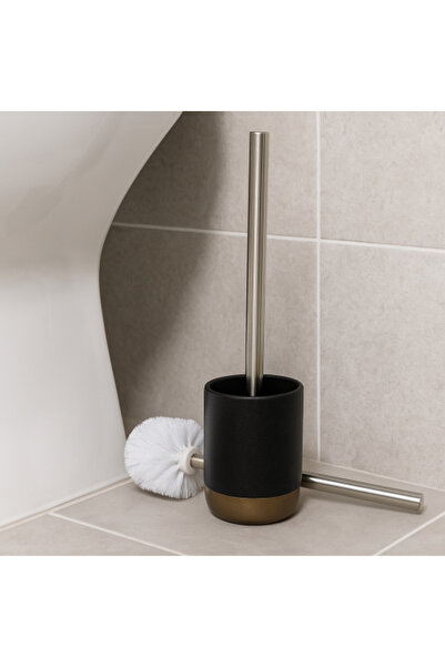 Generic Elegant Bathroom Brush with Black Ceramic Holder and Golden Touch