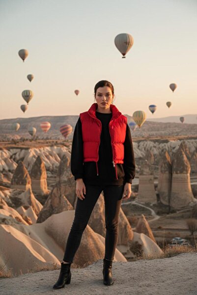 FEG STORE Kadın Crop Şişme Yelek Dik Yaka Fermuarlı Belden Lastikli Ayarlanab...