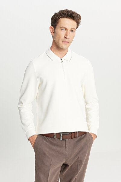 ALTINYILDIZ CLASSICS Men's Ecru Cotton Slim Fit Ottoman Patterned Flexible Po...