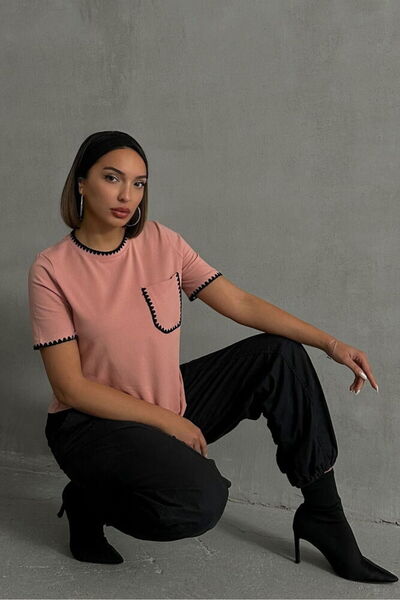 Caddebostan Moda Women's Shepherd Stitching Detailed Pocketed Crew Neck Short...