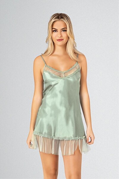 OBJE Women's Aqua Green Satin Strap Nightgown with Tulle Detail