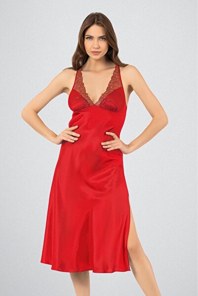 OBJE Women's Red Satin Transparent Detailed Long Nightgown