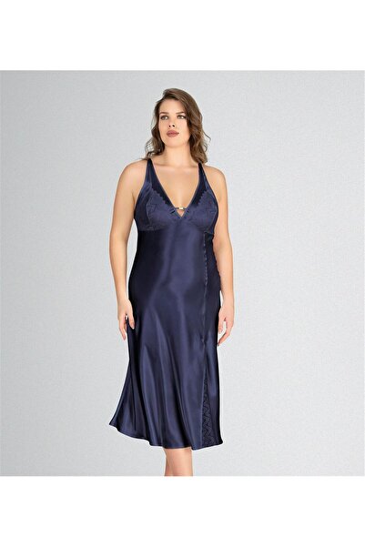 OBJE Women's Navy Blue Oversized Satin Long Nightgown