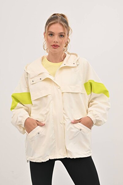 Women's Neon Block Sleeve Detailed Hip Length Jacket Raincoat