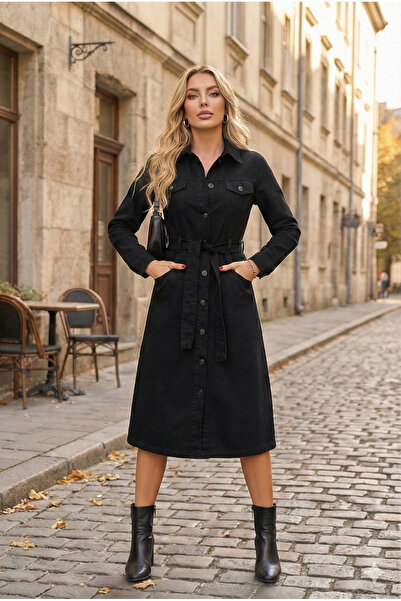 Vovikon Trench din denim cu nasturi, lung, cu curea neagră