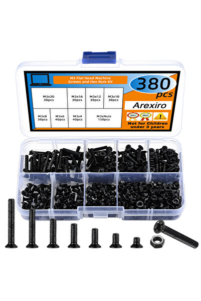 Choice 380 قطعة من براغي آلة ذات رأس مسطح M3 وصواميل سداسية، براغي فيليبس سود...