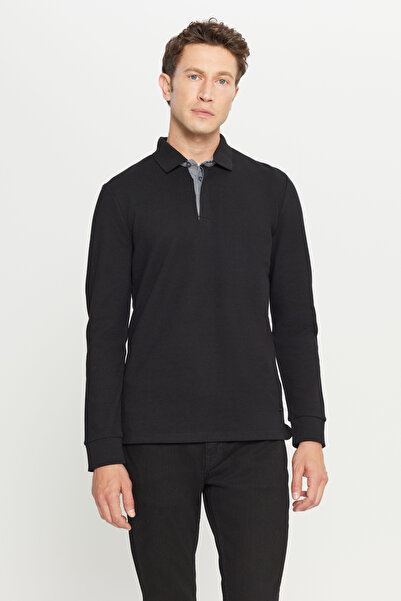 ALTINYILDIZ CLASSICS Men's Black 100% Cotton Slim Fit Slim Fit Polo Neck Long...