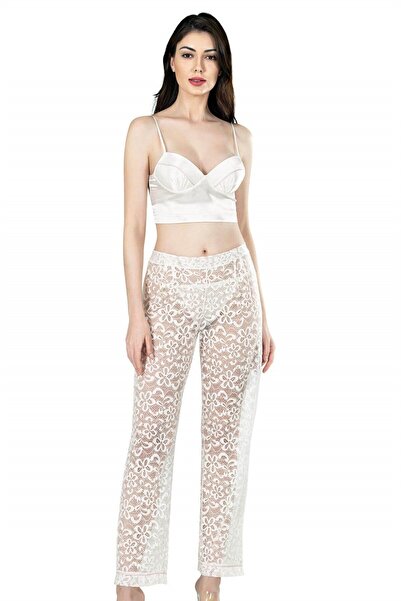 Slendos Дамски комплект пижама от сатен в цвят екрю с бюстие