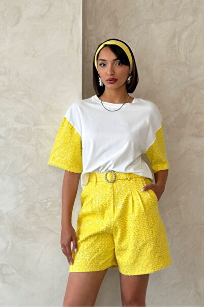 Caddebostan Moda Women's Sequin Sleeve Detailed Crew Neck Oversize Cotton T-S...