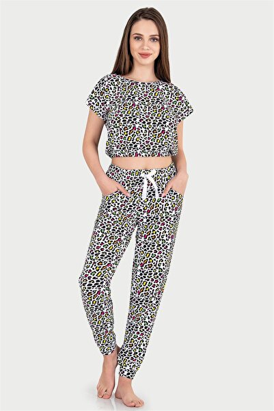 OBJE Women's Leopard Colorful Pattern Half Sleeve Crop Top