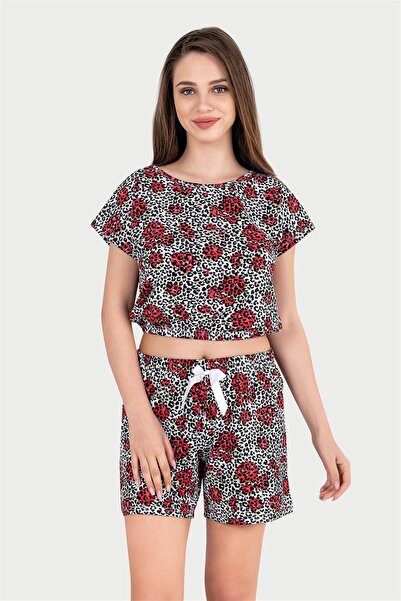 OBJE Women's Rose Leopard Pattern Half Sleeve Crop Top