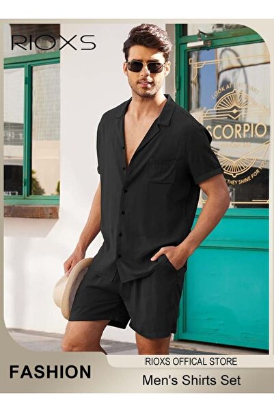 RIOXS 2-Piece Men's Summer Outfits, Loose Fit Button-Down Short Sleeve Shirts...