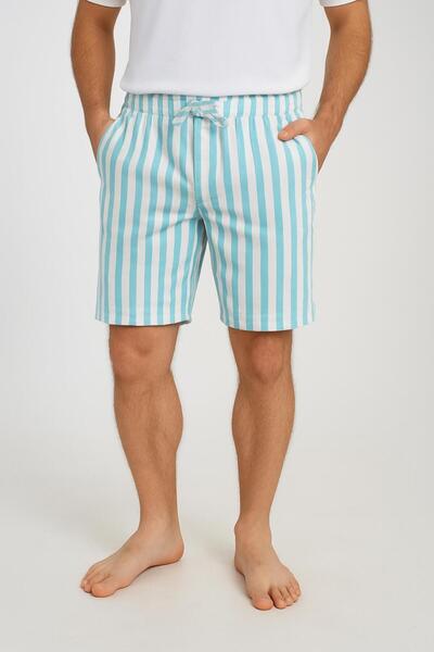 OBJE شورت رجالي مخطط باللون الأخضر المائي مع جيوب