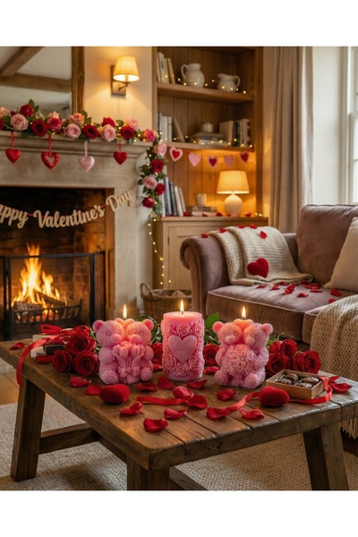 Raw Home Sevgililer Günü Hediyesi Pembe Çilek Kokulu Mum Seti – Romantik Ayıc...