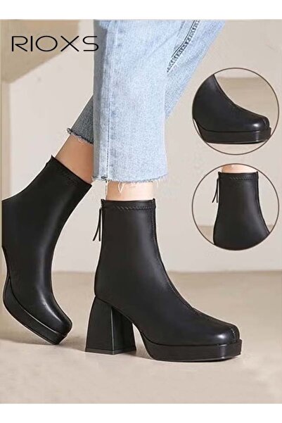 RIOXS Women's High-heeled Leather Boots, Ladies Solid Color Ankle Boots, Fash...