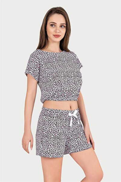 OBJE Women's Pink Leopard Pattern Half Sleeve Crop Top