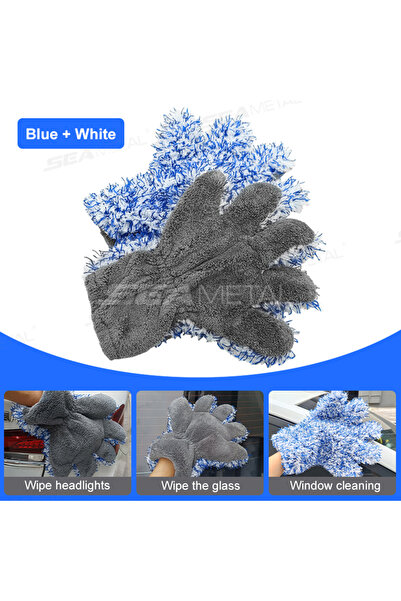Choice Blue SEAMETAL Five Fingers Car Wash Glove Double Sided Plush Coral Mit...