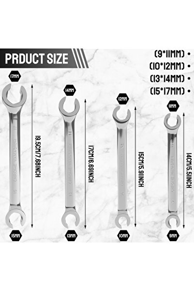 Choice Silver-4Pcs 4Pcs Flare Nut Wrench Set Double End Metric 9 10 11 12 13 ...