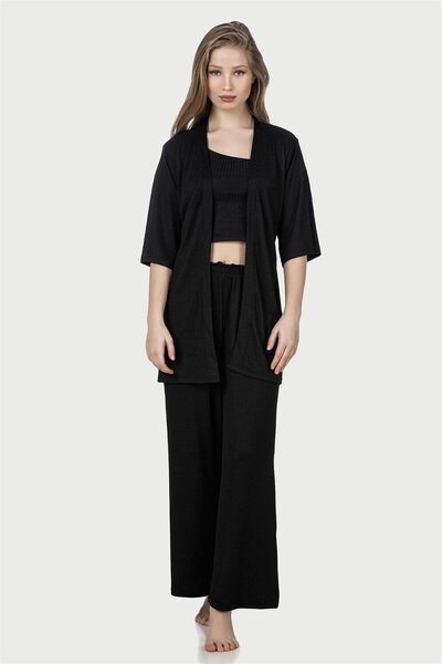 OBJE Women's Black Openwork Ribbed Capri Sleeve Kimono