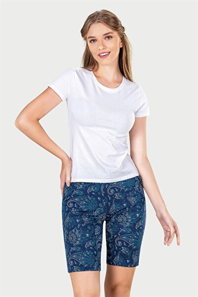 OBJE Women's Navy Blue Viscose Shorts with Pockets