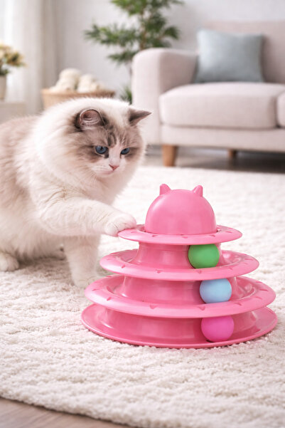 PawX 3 Katlı Toplu Kedi Oyuncağı Pembe – Sıkılmayı Önleyen, Evde Enerji Atıcı