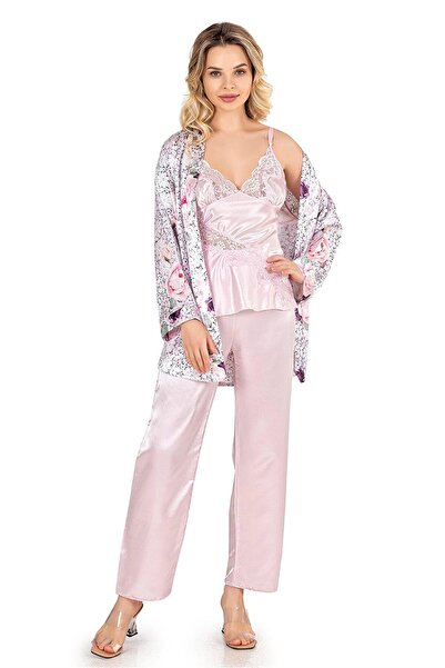 OBJE Pink Satin Chiffon Nightgown Set