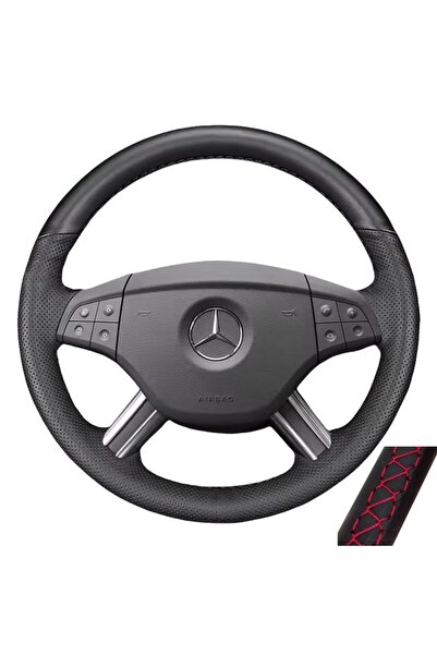 Choice غطاء عجلة قيادة سيارة من الجلد الأسود بخيط أحمر، مصمم خصيصًا، متوافق ت...