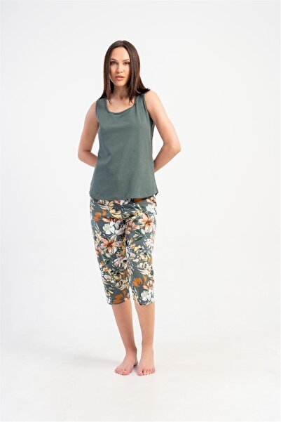 OBJE Women's Dark Green Floral Patterned Capri Bottoms