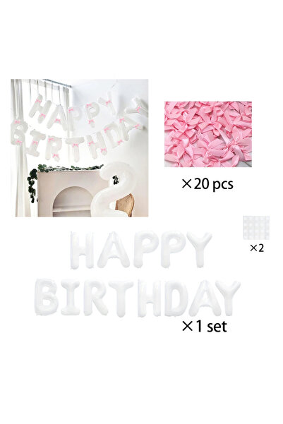 Choice Other Style 3 White Happy Birthday banner balloon and light pink bow b...
