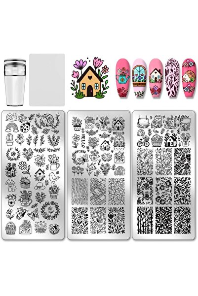 Choice AECH011-02605 3 قطع لوحة ختم أظافر بنمط حديقة الزهور، قالب طباعة فني ب...